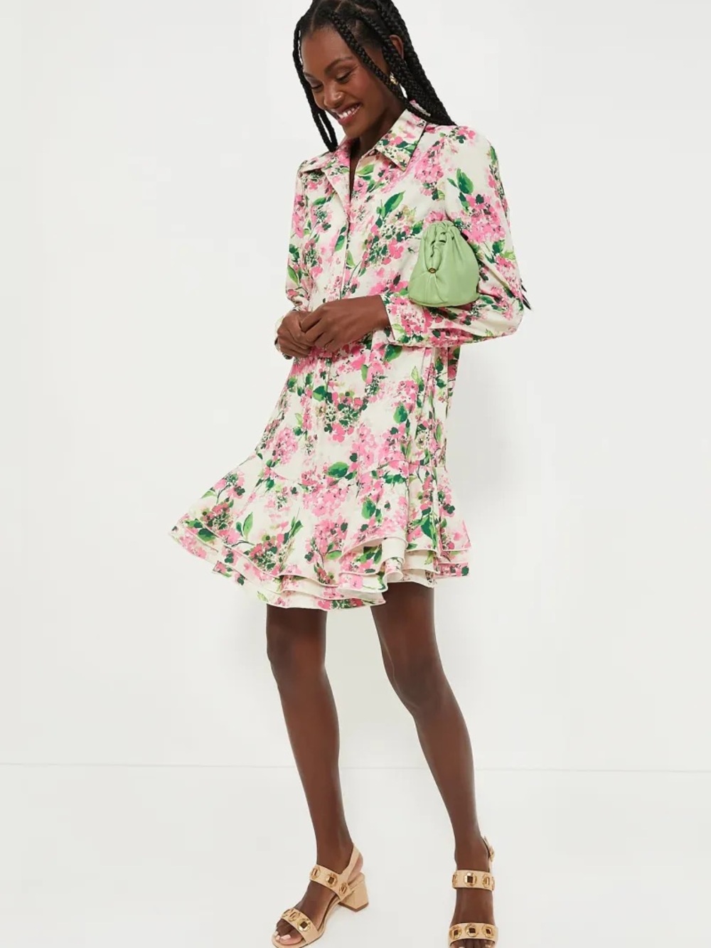 Tuckernuck Pink and Green Floral Ruffle-Hem Mini Dress